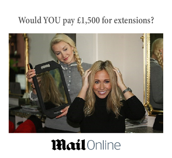 Mail Online with a picture of Tatiana Karelina holding a mirror behind a blonde woman who has just had new hair extensions.