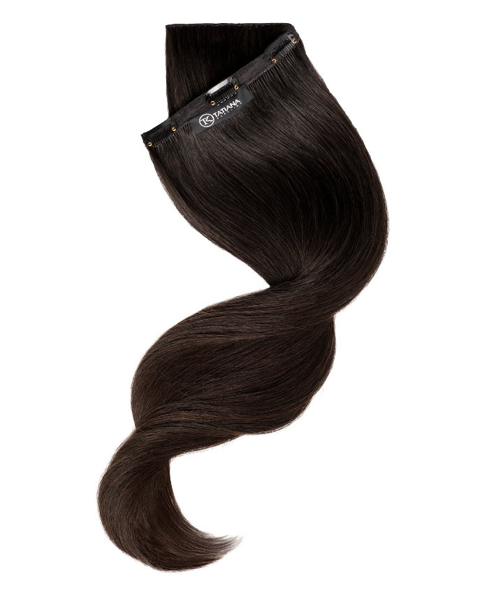 Clip In Extensions | A studio image of a slightly twisted black clip on extension.