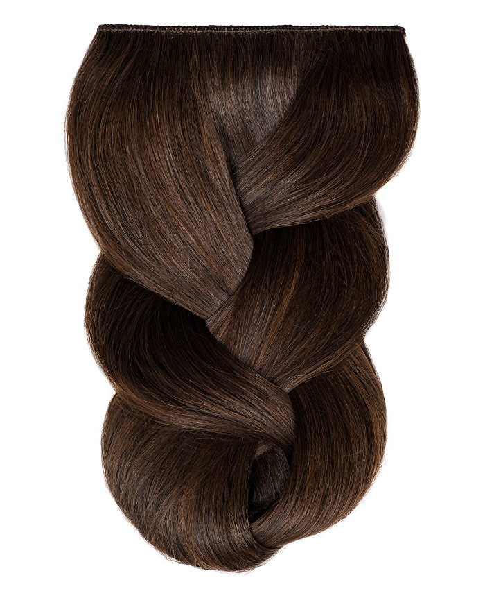 Clip In Extensions | A studio image of a loosely braided dark brunette clip on extension.