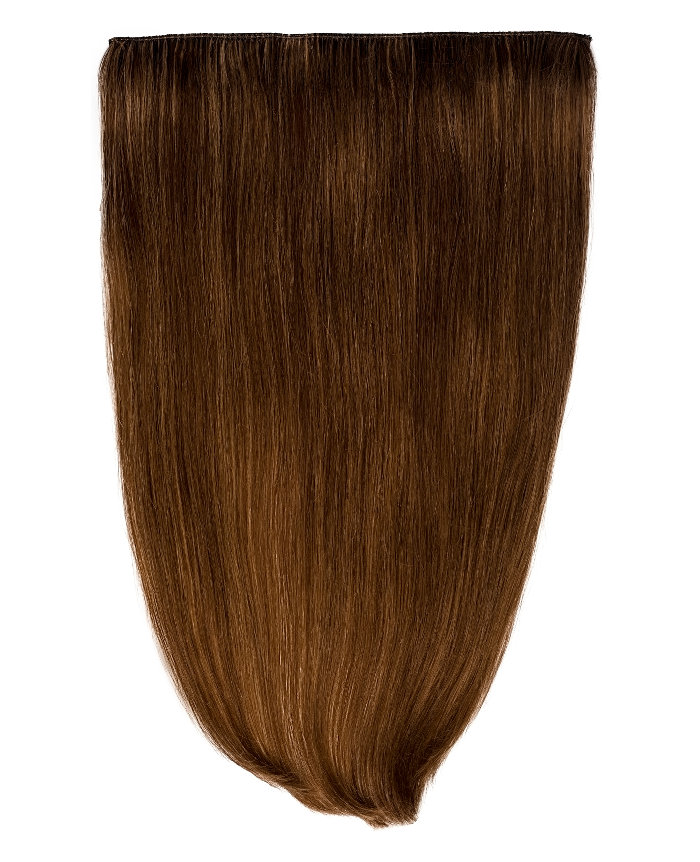 Clip In Extensions | a studio image of a medium brunette clip on extension.