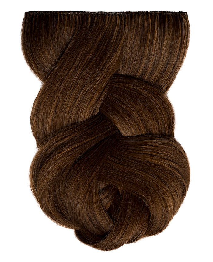 Clip In Extensions | A studio image of a loosely braided medium brunette clip-on extension.