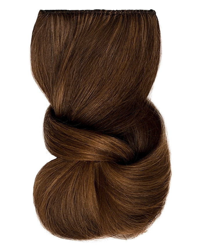 Clip In Extensions | A studio image of a loosely braided medium brunette clip on extension.