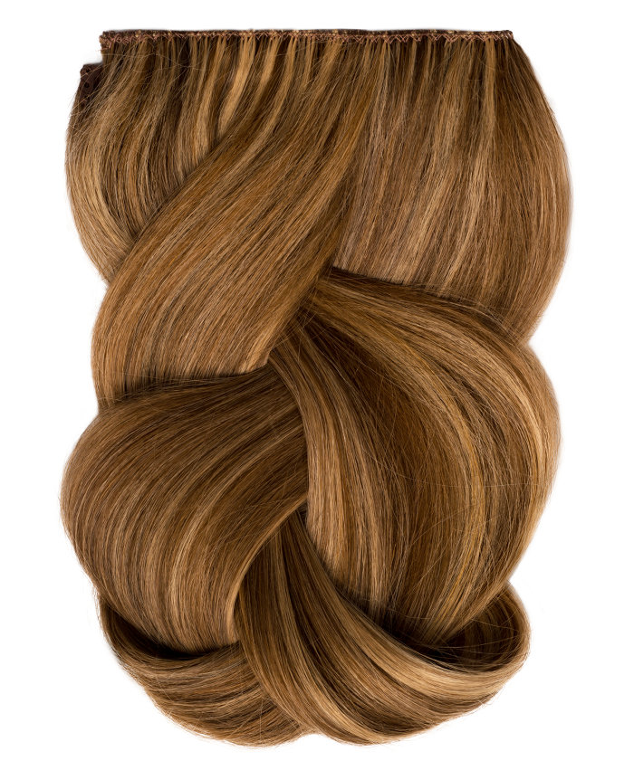 Clip In Extensions | A studio image of a loosely braided brunette clip on extension.