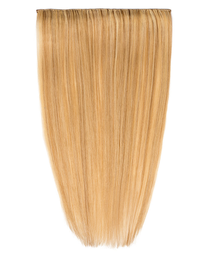 Clip In Extensions | a studio image of a honey blonde clip on extension.